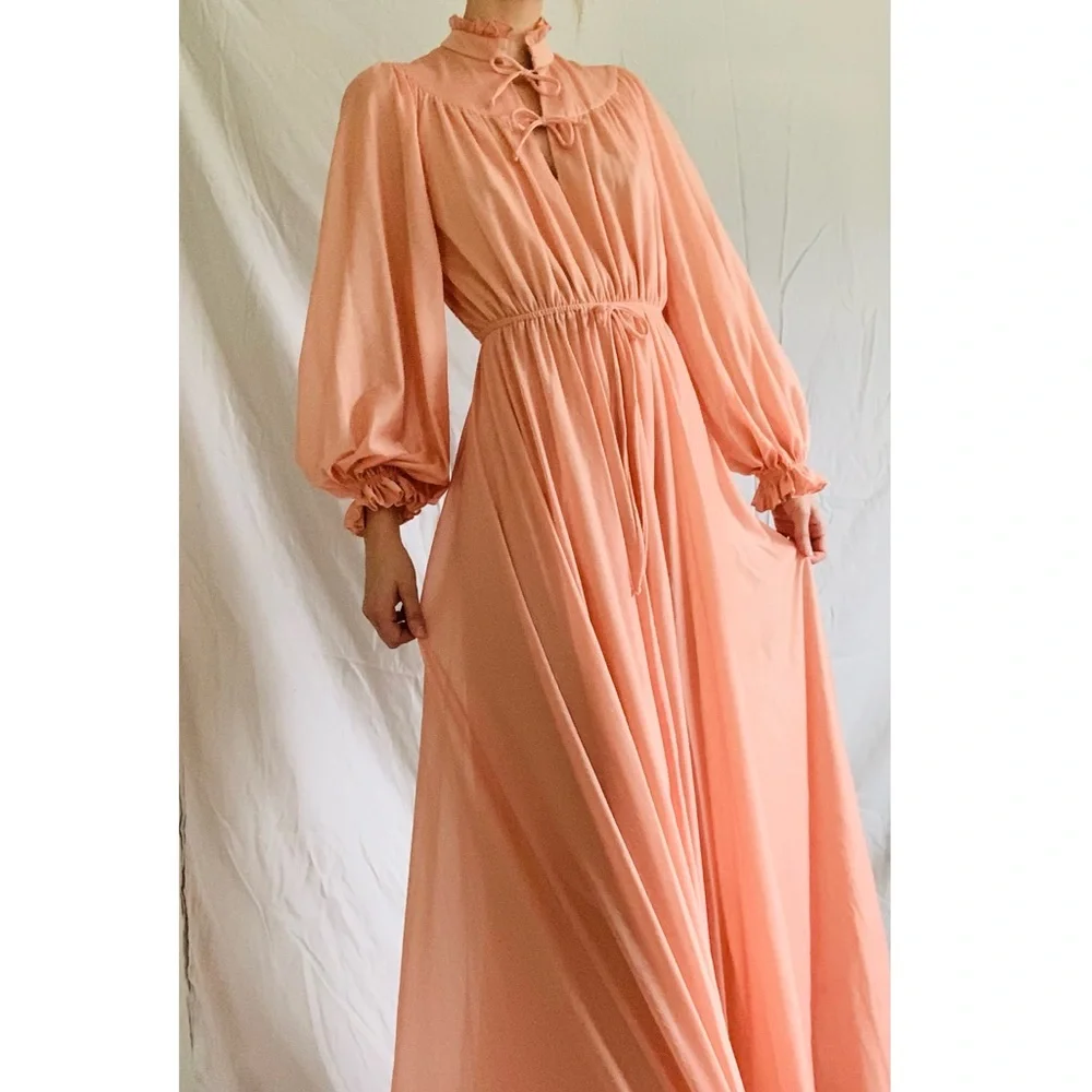 70s Vintage Peach Peasant Maxi Dress - Picture 2 of 15